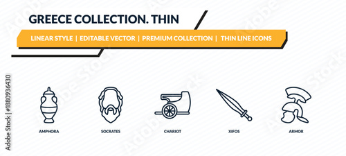 greece collection. thin icons set - amphora, socrates, chariot, xifos, armor outline vector collection.