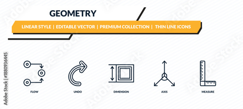 geometry icons set - flow, undo, dimension, axis, measure outline vector collection.