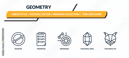 geometry icons set - diameter, properties, dimensions, polygonal jewel, polygonal cat outline vector collection.