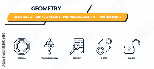 geometry icons set - octagon, polygonal arrow up, preview, insert, unlock outline vector collection.