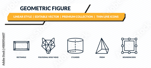 geometric figure icons set - rectangle, polygonal wolf head, cylinder, prism, bounding box outline vector collection.