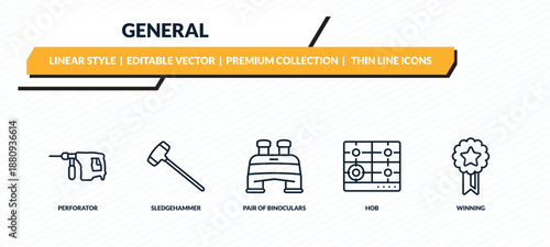 general icons set - perforator, sledgehammer, pair of binoculars, hob, winning outline vector collection.