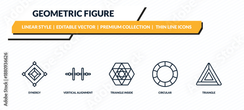 geometric figure icons set - synergy, vertical alignment, triangle inside hexagon, circular, triangle outline vector collection.