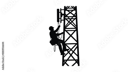 Lineman climbing a utility pole detailed black and white silhouette