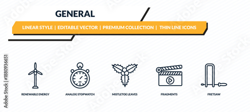 general icons set - renewable energy label, analog stopwatch, mistletoe leaves, fragments, fretsaw outline vector collection.