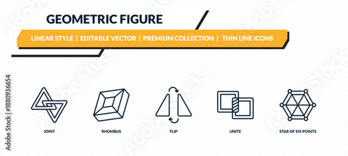 geometric figure icons set - joint, rhombus, flip, unite, star of six points outline vector collection.