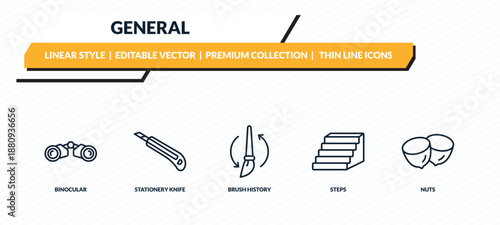 general icons set - binocular, stationery knife, brush history, steps, nuts outline vector collection.