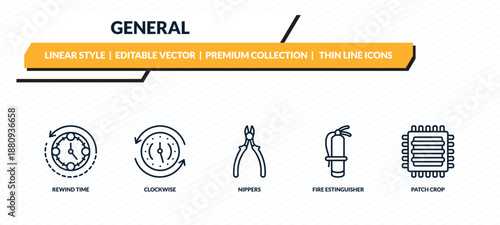 general icons set - rewind time, clockwise, nippers, fire estinguisher, patch crop outline vector collection.