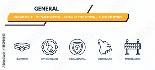 general icons set - head mirror, save water badge, insurance with a button, wolf howling, traffic barriers outline vector collection.