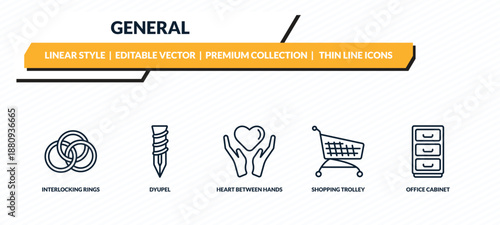 general icons set - interlocking rings, dyupel, heart between hands, shopping trolley, office cabinet outline vector collection.