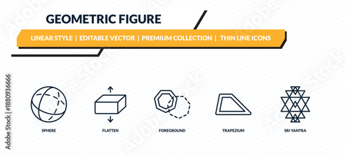 geometric figure icons set - sphere, flatten, foreground, trapezium, sri yantra outline vector collection.