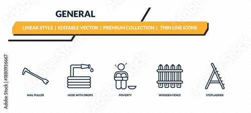 general icons set - nail puller, hose with drops, poverty, wooden fence, stepladder outline vector collection.
