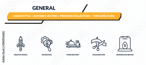 general icons set - creative pencil rocket, hr services, food delivery, inauguration, business incubator outline vector collection.