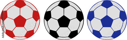 Three soccer balls in red, black, and blue perfect for sportsrelated designs, blog posts, social media graphics, and advertising campaigns.