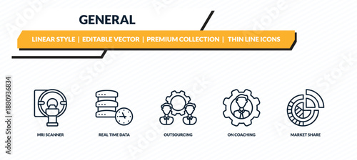 general icons set - mri scanner, real time data, outsourcing, on coaching, market share outline vector collection.