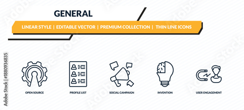 general icons set - open source, profile list, social campaign, invention, user engagement outline vector collection.
