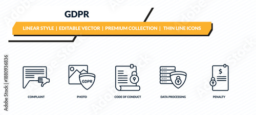 gdpr icons set - complaint, photo, code of conduct, data processing, penalty outline vector collection.
