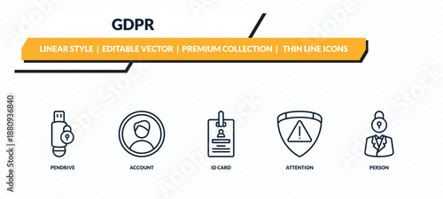 gdpr icons set - pendrive, account, id card, attention, person outline vector collection.