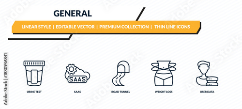 general icons set - urine test, saas, road tunnel, weight loss, user data outline vector collection.