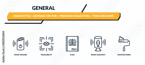general icons set - smart speaker, trackability, x-ray, smart assistant, painting work outline vector collection.