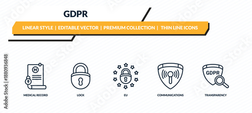 gdpr icons set - medical record, lock, eu, communications, transparency outline vector collection.