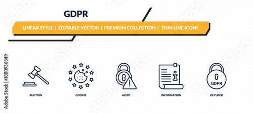 gdpr icons set - auction, cookie, alert, information, keylock outline vector collection.
