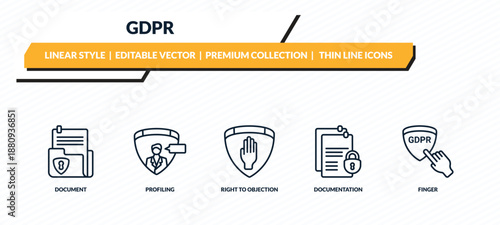 gdpr icons set - document, profiling, right to objection, documentation, finger outline vector collection.