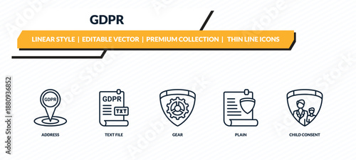 gdpr icons set - address, text file, gear, plain, child consent outline vector collection.
