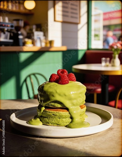 Close-up of Matcha Pancakes with Creamy Matcha Sauce and Raspberries in a Cafe Setting