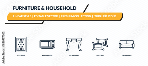 furniture & household icons set - mattress, microwave, adornment, pillows, davenport outline vector collection.