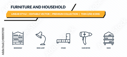 furniture and household icons set - bookshelf, desk lamp, stand, hair dryer, rack outline vector collection.