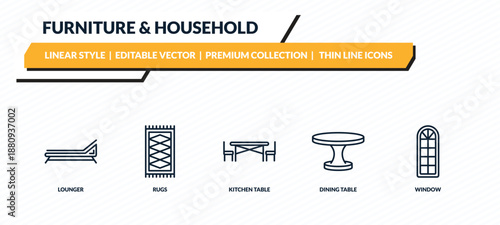 furniture & household icons set - lounger, rugs, kitchen table, dining table, window outline vector collection.