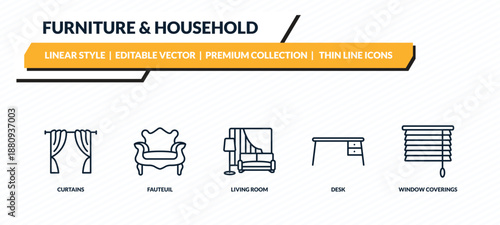 furniture & household icons set - curtains, fauteuil, living room, desk, window coverings outline vector collection.