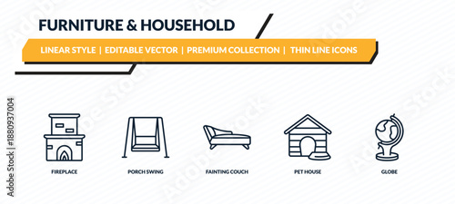 furniture & household icons set - fireplace, porch swing, fainting couch, pet house, globe outline vector collection.