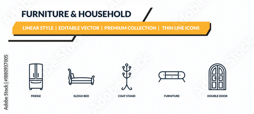 furniture & household icons set - fridge, sleigh bed, coat stand, furniture, double door outline vector collection.