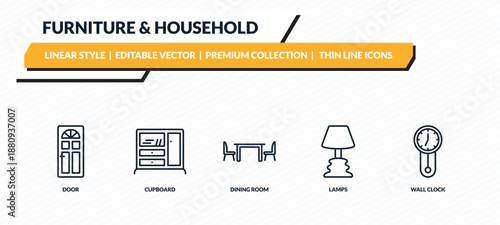 furniture & household icons set - door, cupboard, dining room, lamps, wall clock outline vector collection.