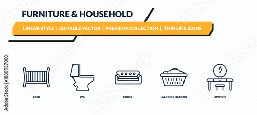 furniture & household icons set - crib, wc, couch, laundry hamper, lowboy outline vector collection.