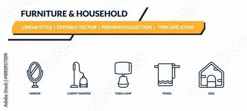 furniture & household icons set - mirror, carpet sweeper, table lamp, towel, dog outline vector collection.