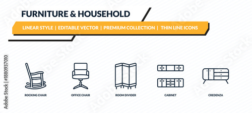 furniture & household icons set - rocking chair, office chair, room divider, cabinet, credenza outline vector collection.