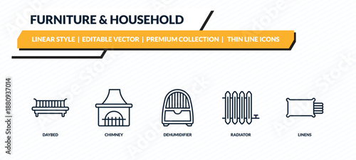 furniture & household icons set - daybed, chimney, dehumidifier, radiator, linens outline vector collection.