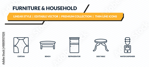 furniture & household icons set - curtain, bench, refrigerator, side table, water dispenser outline vector collection.