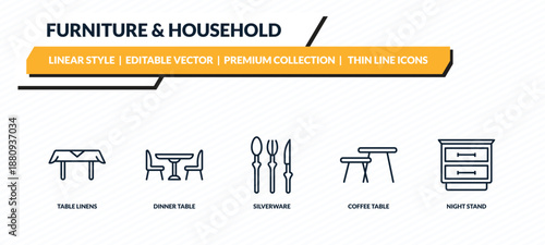 furniture & household icons set - table linens, dinner table, silverware, coffee table, night stand outline vector collection.