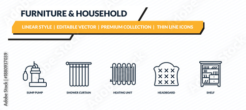 furniture & household icons set - sump pump, shower curtain, heating unit, headboard, shelf outline vector collection.