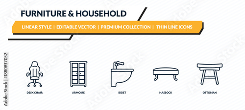 furniture & household icons set - desk chair, armoire, bidet, hassock, ottoman outline vector collection.