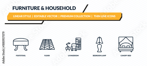 furniture & household icons set - footstool, floor, livingroom, bedroom lamp, canopy bed outline vector collection.