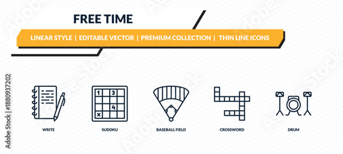 free time icons set - write, sudoku, baseball field, crossword, drum outline vector collection.