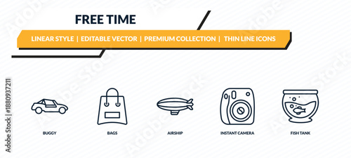 free time icons set - buggy, bags, airship, instant camera, fish tank outline vector collection.
