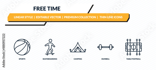 free time icons set - sports, skateboarding, camping, dumbell, table football outline vector collection.