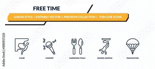 free time icons set - climb, concert, gardening tools, bungee jumping, parachuting outline vector collection.