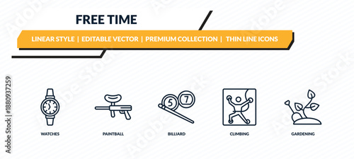 free time icons set - watches, paintball, billiard, climbing, gardening outline vector collection.